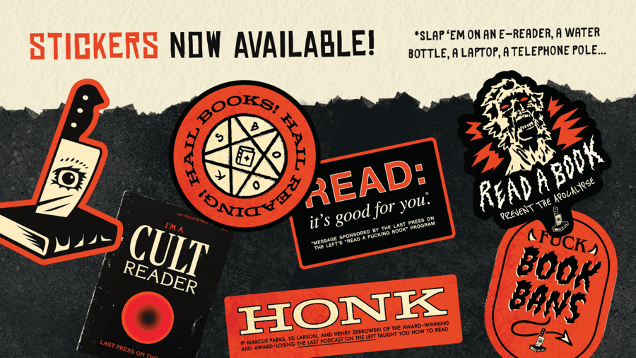 Last Press on the Left Sticker Pack: Last Press on the Left sticker pack — die-cut book stickers on a black background