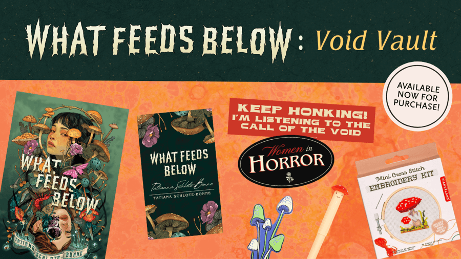 What Feeds Below: Void Vault: What Feeds Below: Void Vault — the book, stickers, bookmark and embroidery kit on an orange background